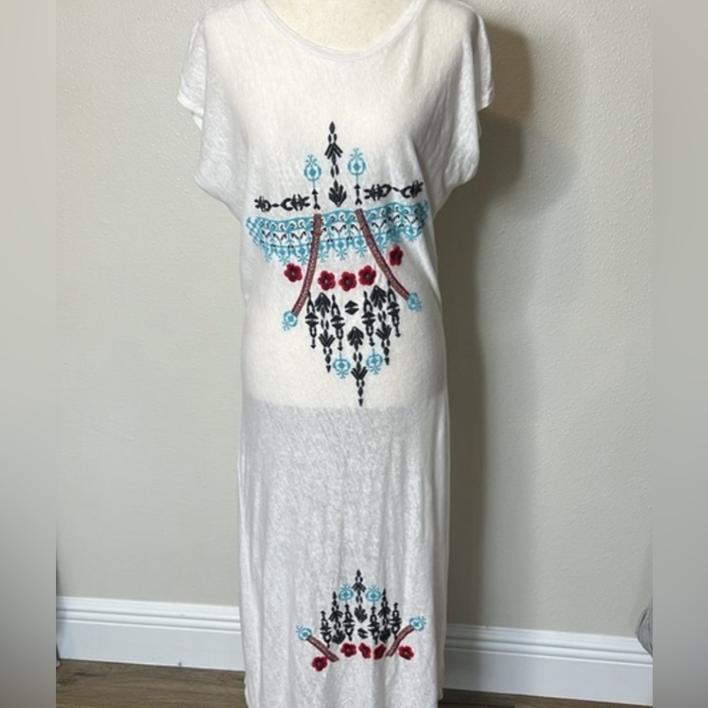 JOHNNY WAS Pete & Greta Linen Midi Shirt Dress Cover Up Aztec Embroidery Read